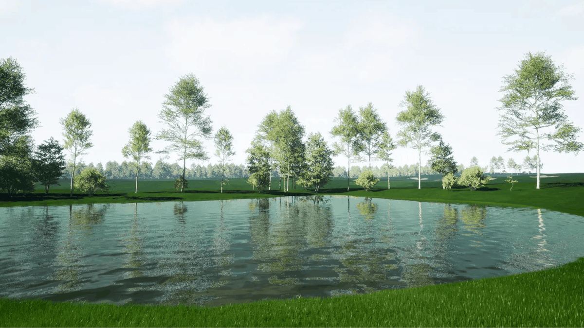 A scenic landscape rendering of a calm pond bordered by green grass and a row of tall trees under a pale sky.