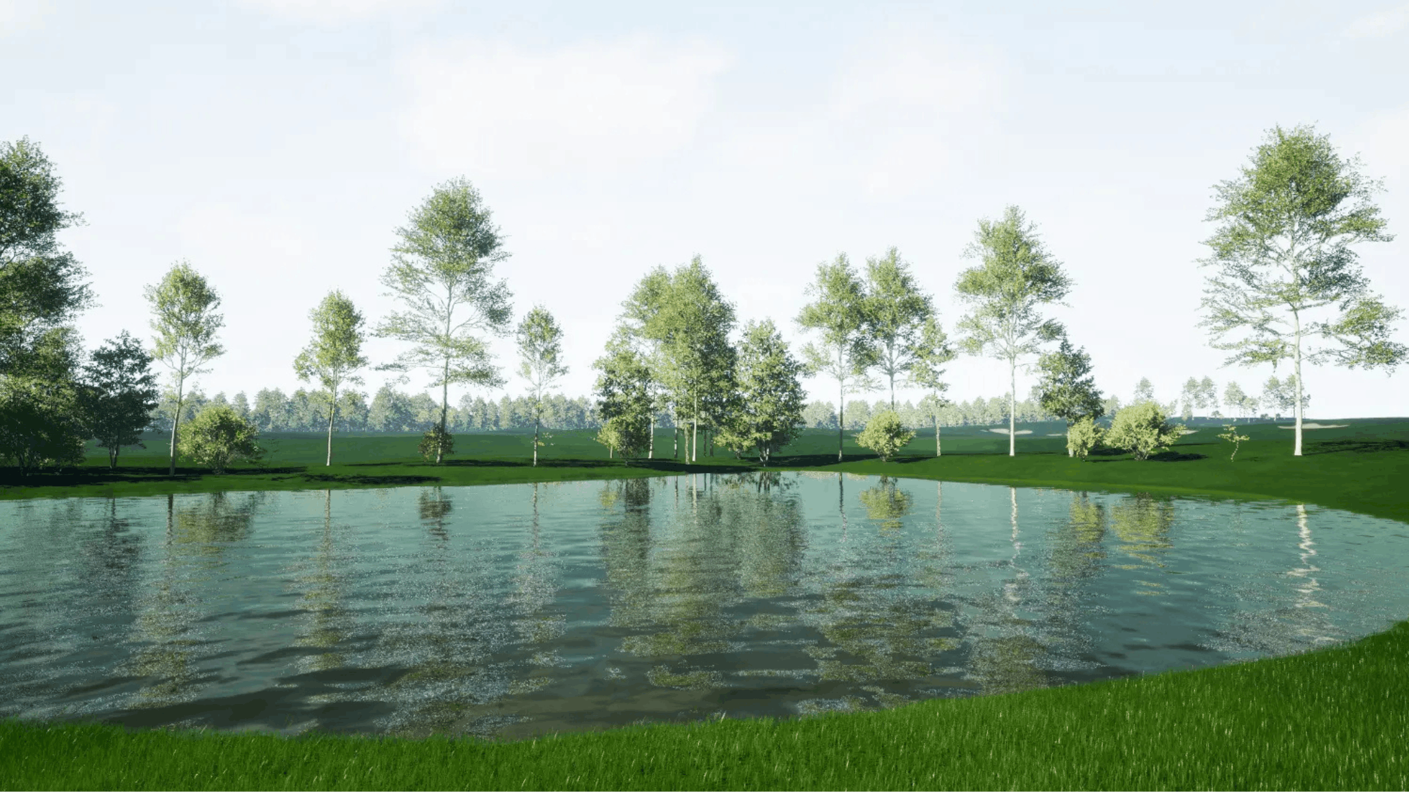A scenic landscape rendering of a calm pond bordered by green grass and a row of tall trees under a pale sky.