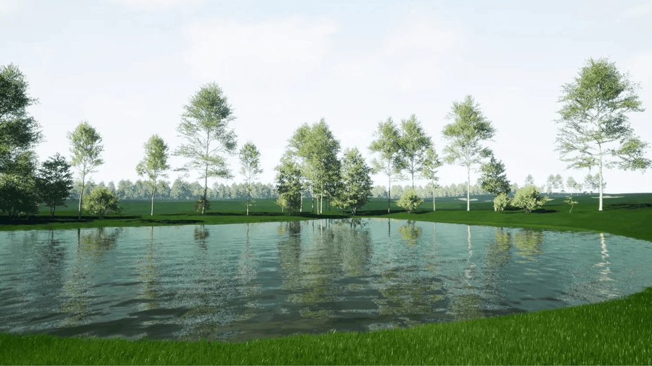 A scenic landscape rendering of a calm pond bordered by green grass and a row of tall trees under a pale sky.