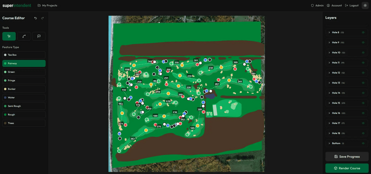 A screenshot of a digital course or map editor interface showing a green golf course layout with many small colored markers, set against a dark gray software UI with side panels. infinite tees superintendent