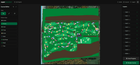 A screenshot of a digital course or map editor interface showing a green golf course layout with many small colored markers, set against a dark gray software UI with side panels. infinite tees superintendent