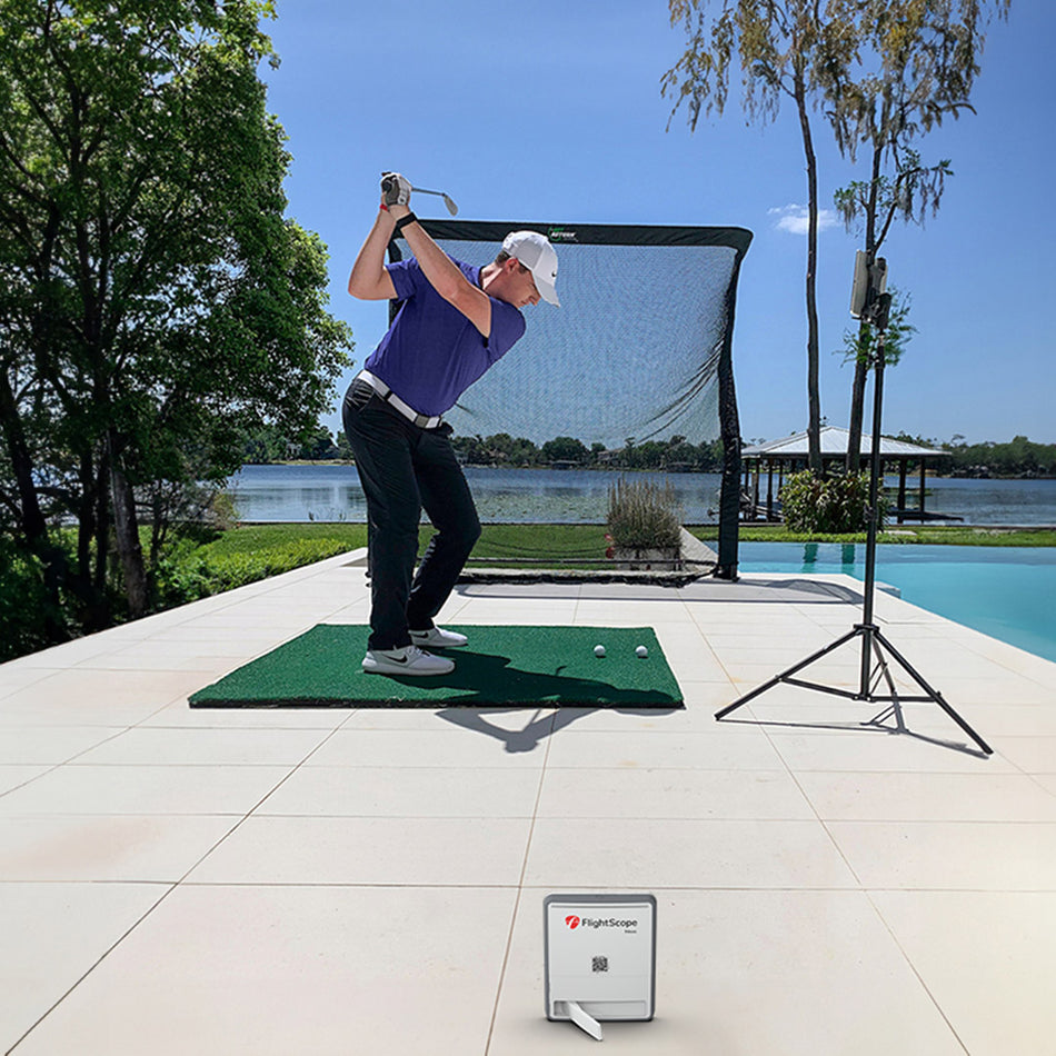 FlightScope Mevo Gen2 Launch Monitor / Golf Simulator, Net Return Pro Golf & Multi-Sport Net, and Real Feel Country Club Elite 5'x5' Stance Mat