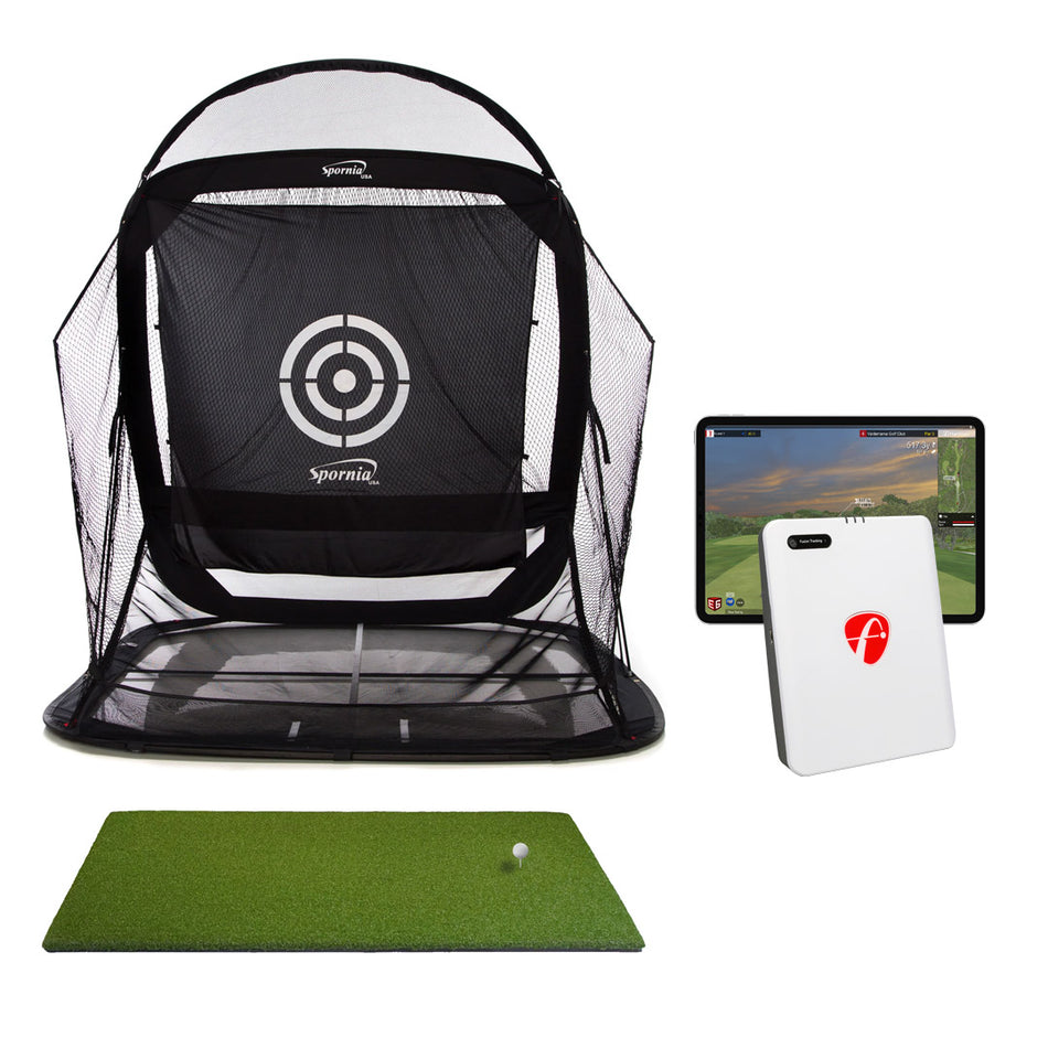 Golf Practice Package with FlightScope Mevo Gen2 Launch Monitor, Spornia SPG-7 Net, and Real Feel CCE 5x3 mat