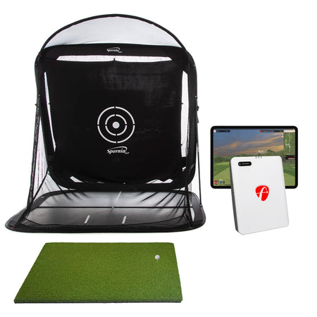 Golf Practice Package that includes FlightScope Mevo Gen2 Launch Monitor, SPG-8 Net, and CCE 5x5 Mat