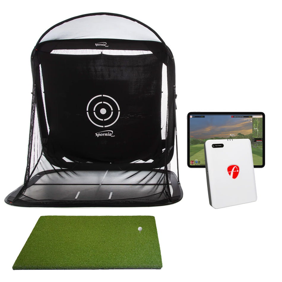 Golf Practice Package that includes FlightScope Mevo Gen2 Launch Monitor, SPG-8 Net, and CCE 5x5 Mat