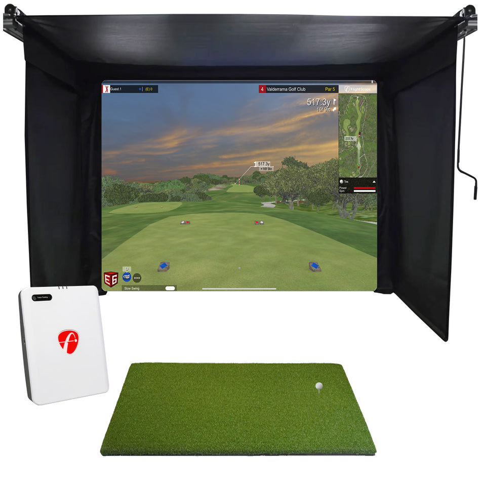 Retractable Golf Simulator Kit including FlightScope Mevo Gen2 Launch Monitor / Golf Simulator, SportScreen Vanish 11 Retractable Enclosure, Real Feel Country Club Elite 5'x5' Stance Mat