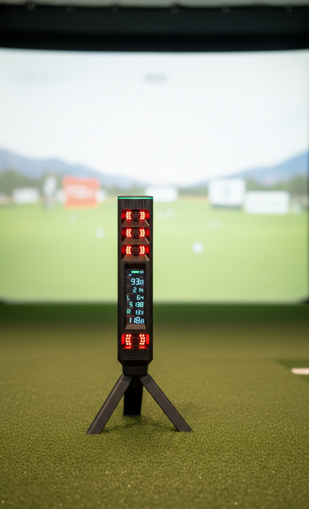 Digital device on a stand with red LED display on a grassy field background