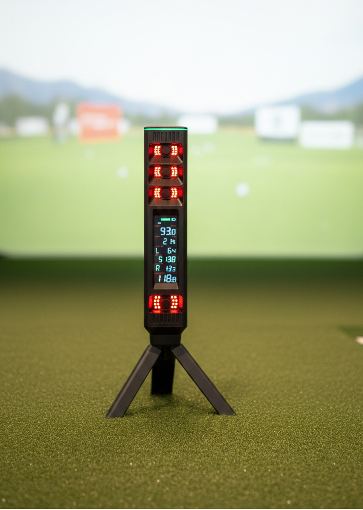 Digital device on a stand with red LED display on a grassy field background