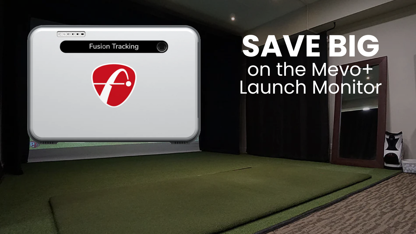 Fusion Tracking monitor on a golf simulator with promotional text for Mevo+ Launch Monitor.