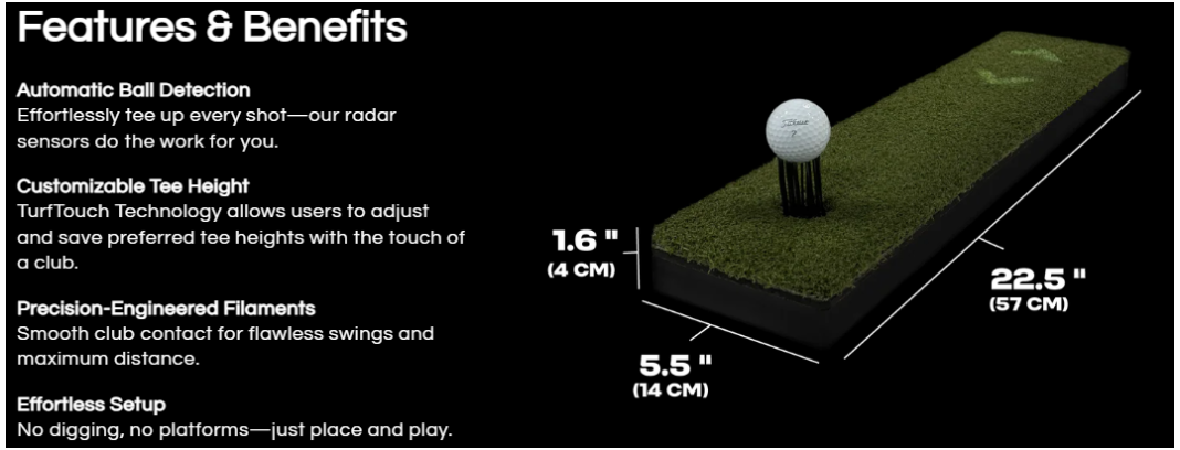 Features and benefits infographic for a golf tee pad on a black background, showing a rendered tee pad with a golf ball, dimensions, and text describing automatic ball detection, customizable tee height, precision-engineered filaments, and effortless setup.