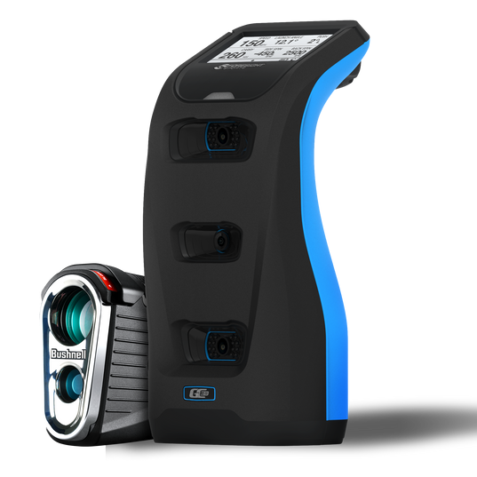 Rangefinder with blue accent on a white background